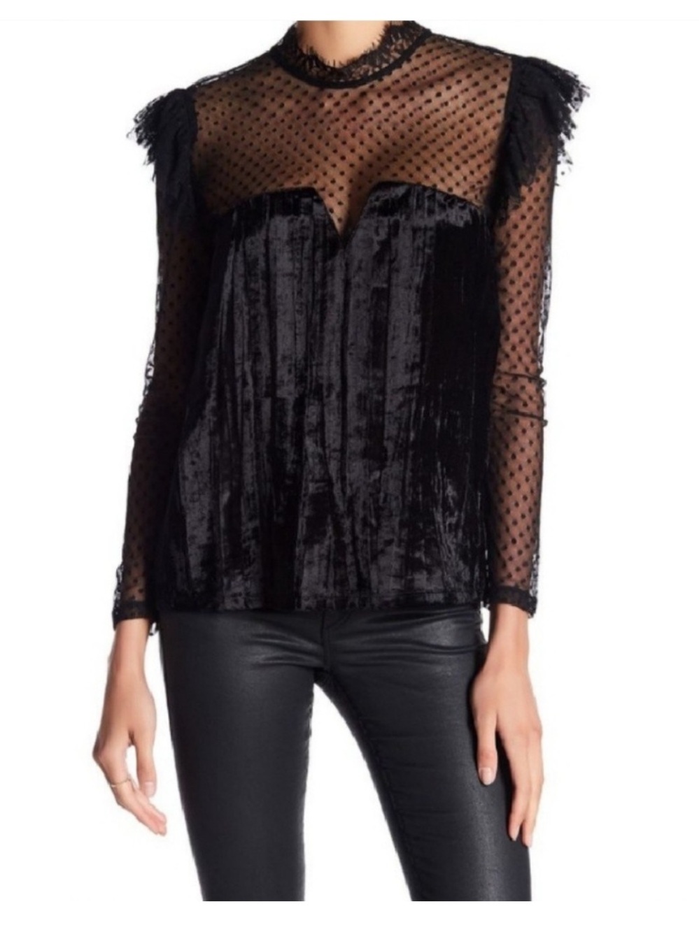 $69 Melrose and Market mock neck Swiss dot lace and crushed velvet top S